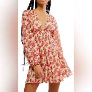 Free People Keep You Mine Floral Print Mini Dress XS Cream and Orange